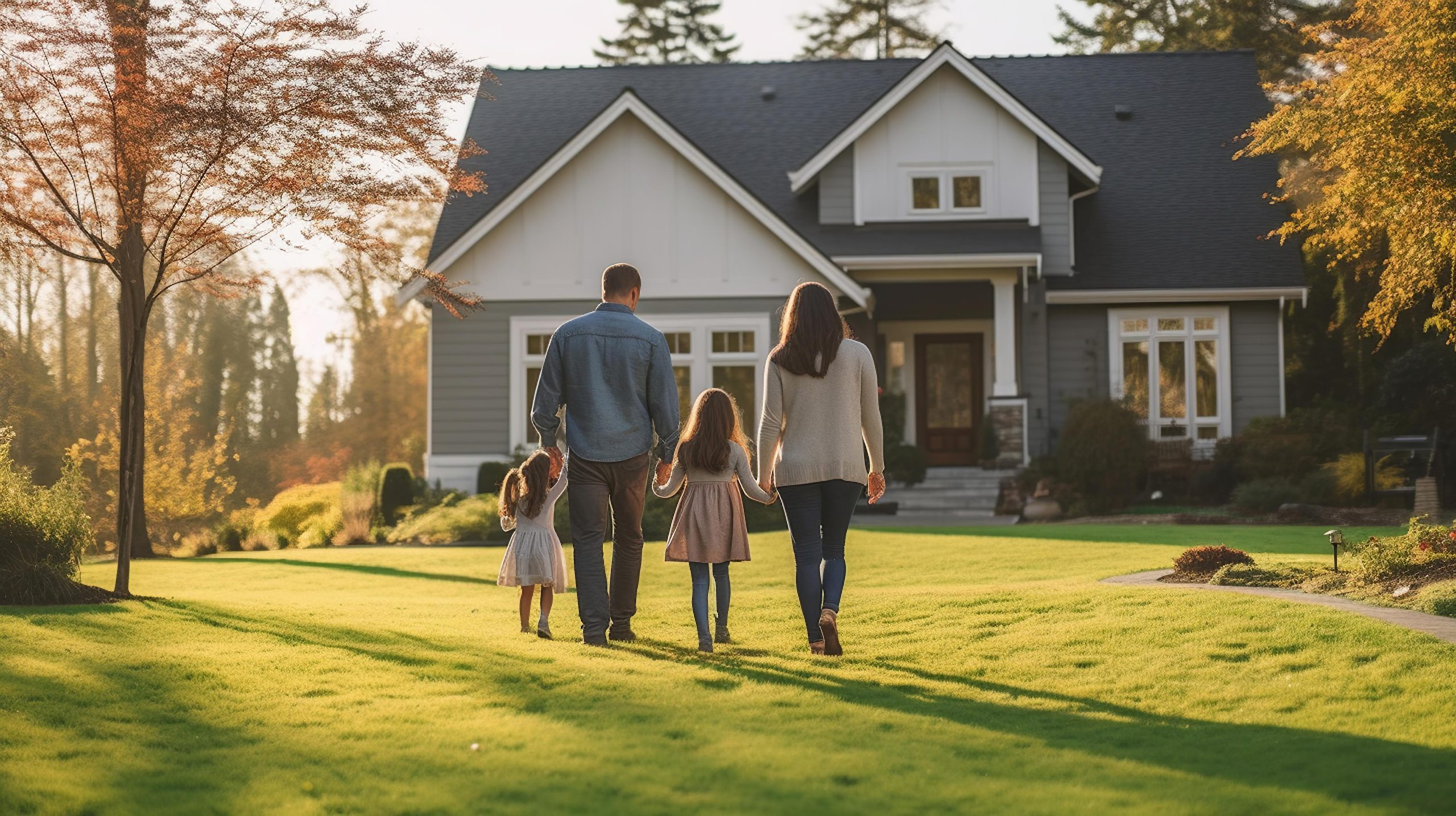 Family walking toward suburban house at sunset